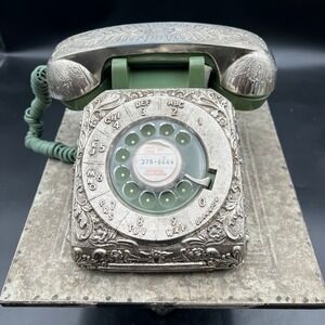Vintage 70s Western Electric 500DM Rotary Telephone Green Silver Ornate Retro